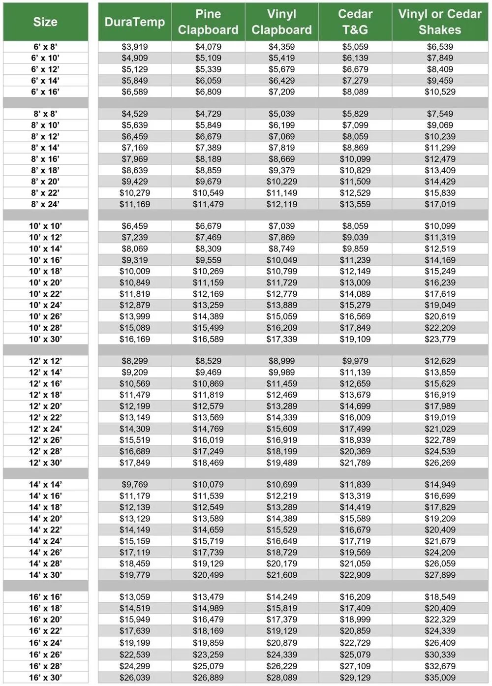 aspen shed pricing chart